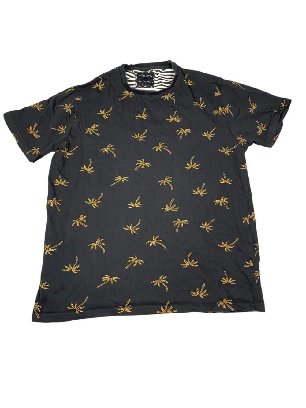 Denim & Flower Mens Black T-Shirt L Gold Palm Tree Pattern 100% Cotton Crew Neck
